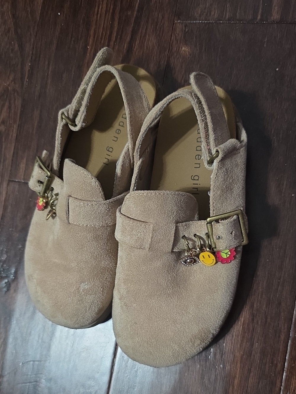 Madden Girl Kids Tan Suede Slip-On Loafers with Charm Accents
